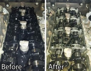 Before and after photo of a Pajero engine after Flushing Oil Concentrate was used 