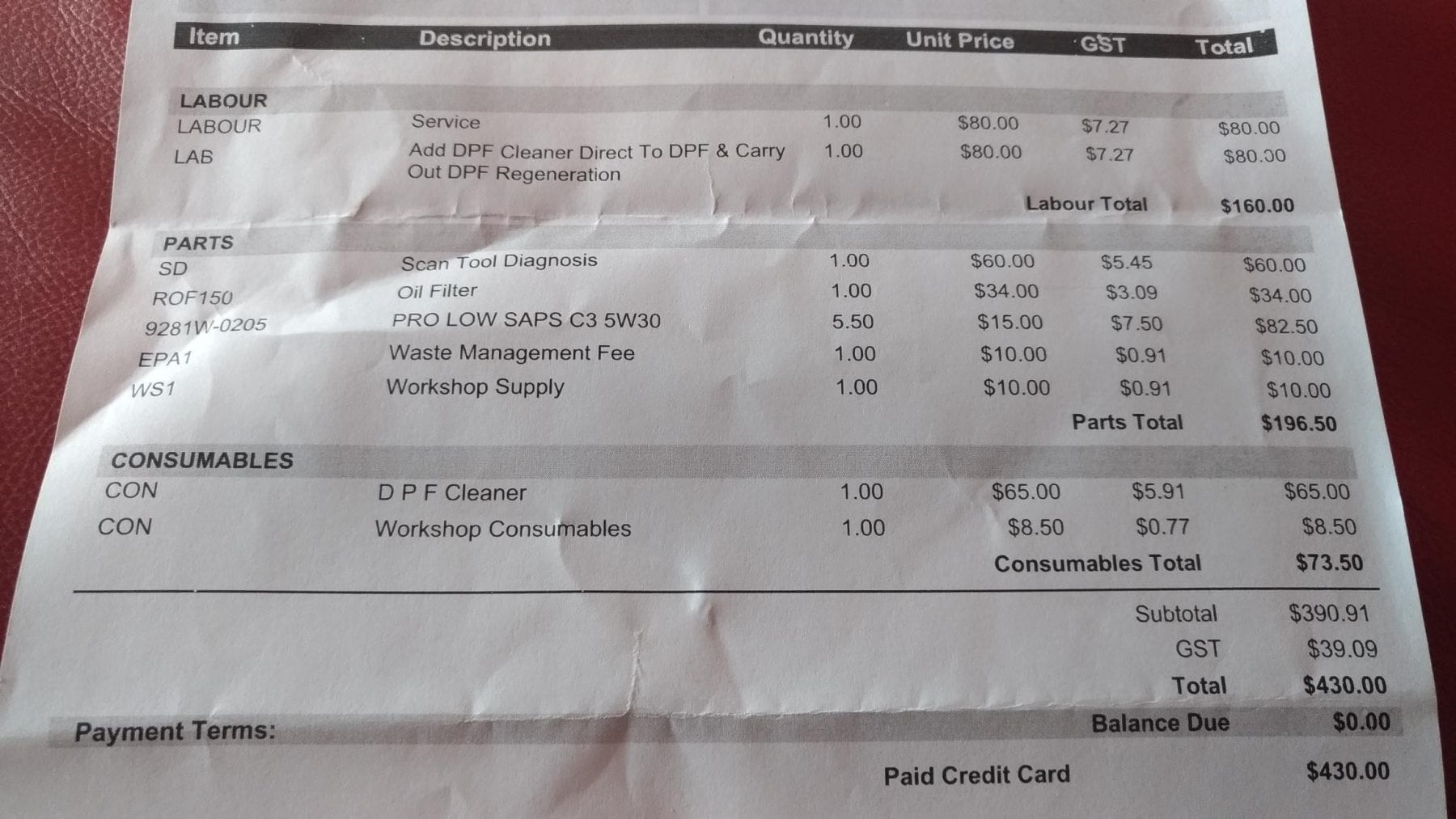 expensive DPF cleaning invoice