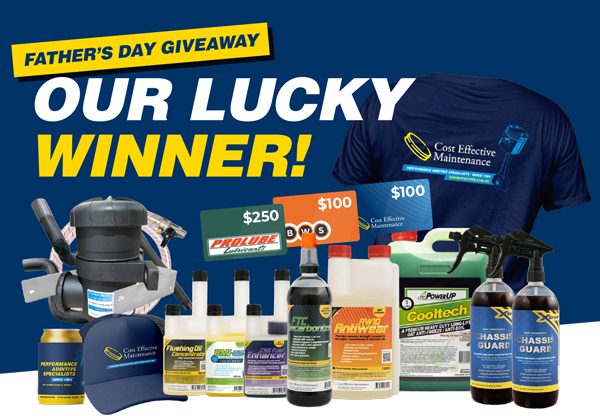 Father's Day Giveaway — our lucky winner. The full prize pack including CEM shirt and cap, Chassis Guard, Cooltech, fuel additives and supplier vouchers.